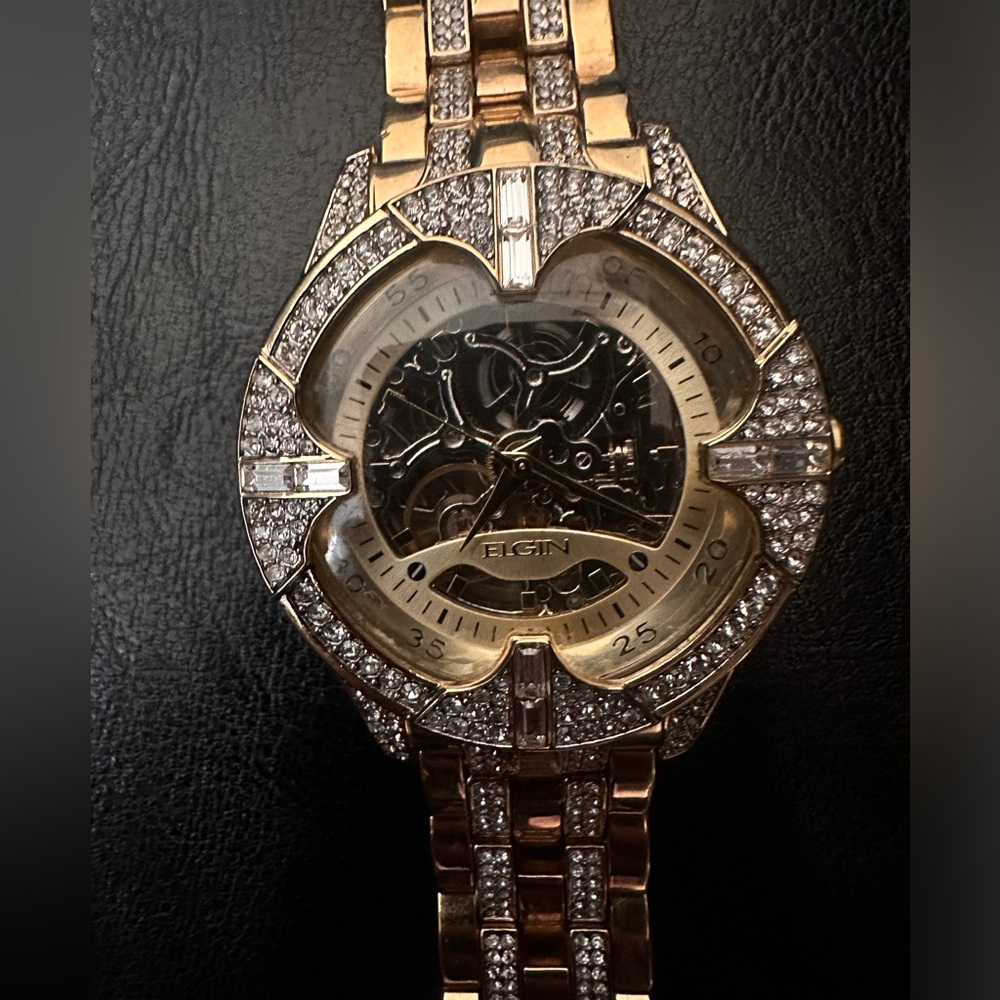 Elgin Men’s 14k Gold Plated Automatic Skeleton Luxury Watch with Lab Diamonds
